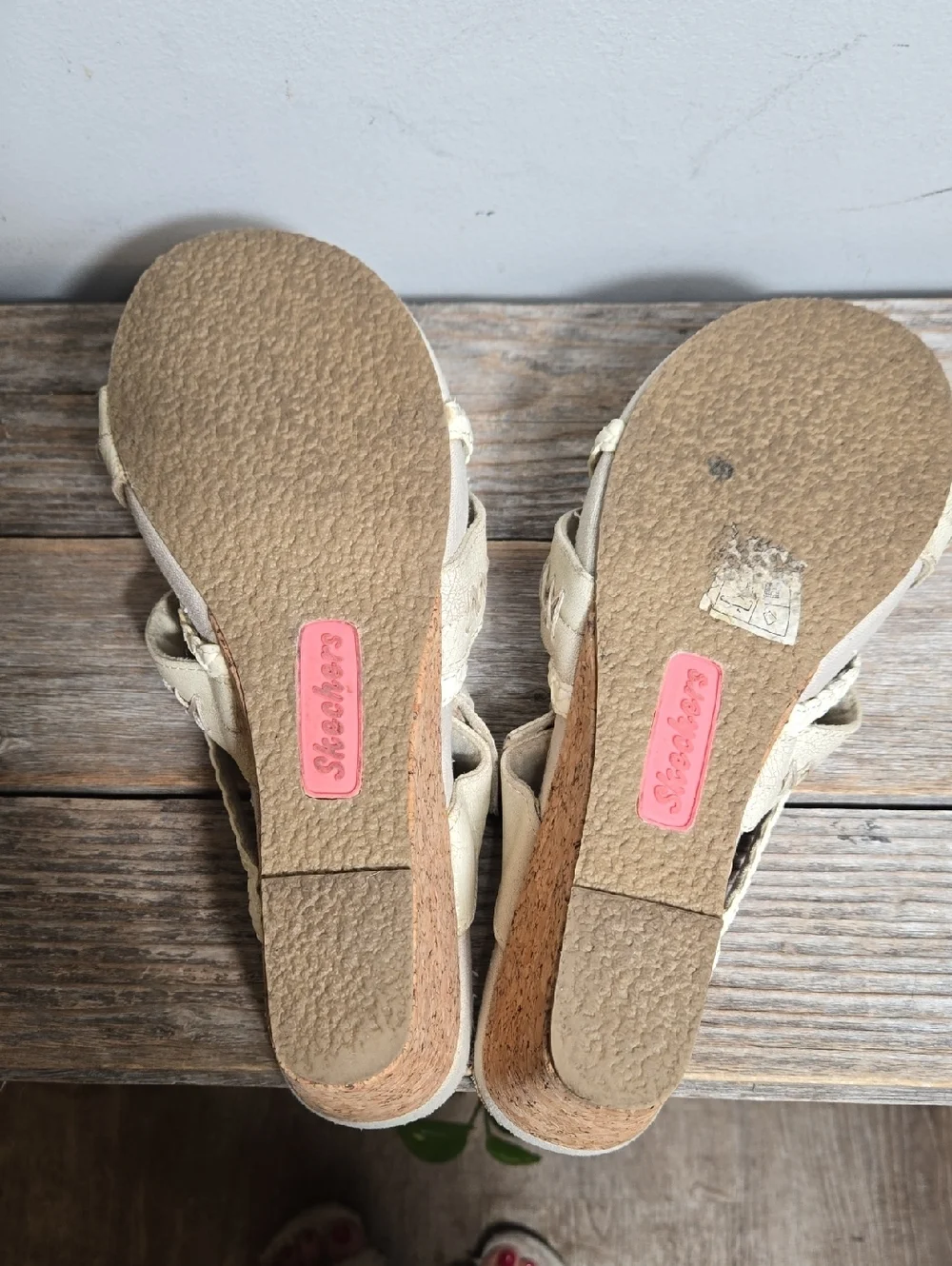 Skechers Y2K Vintage Cream Beige Cork Wedge Sandals